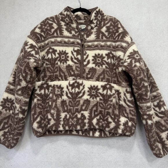 Sundance Pullover Womens Medium Brown Cream Sherpa Fleece Quarter Zip Kangaroo - Picture 1 of 10
